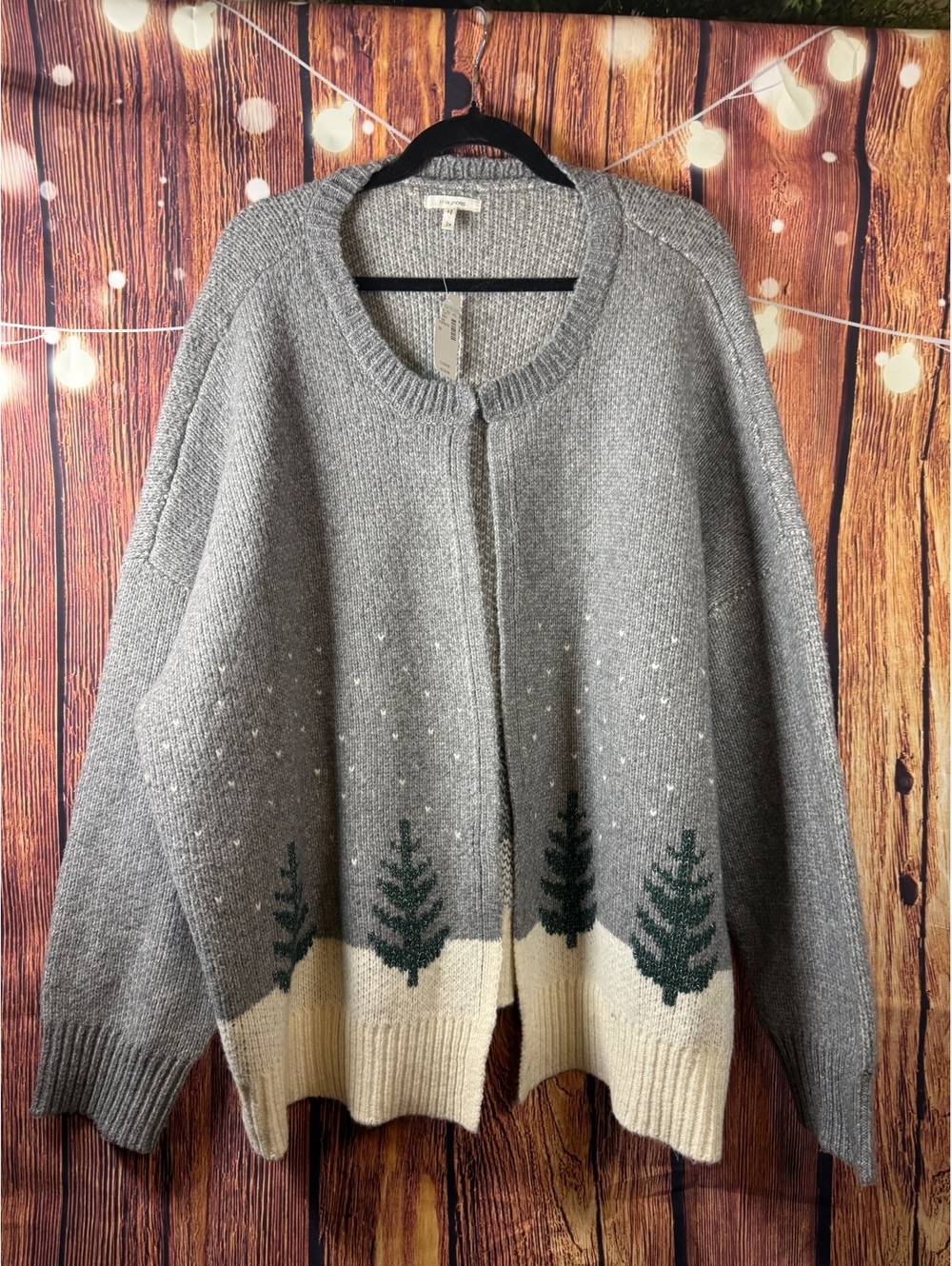 Gray Knit Cardigan Sweater with Tree Pattern